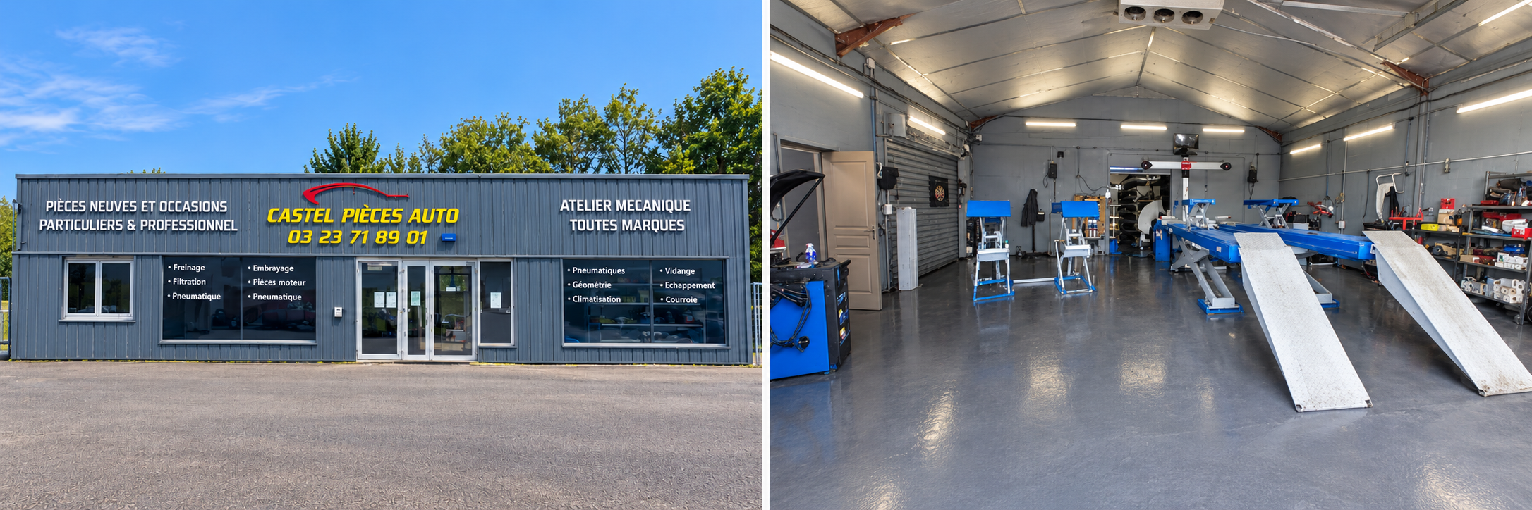 Façade et atelier de Castel Pièces Auto, photos retouchées